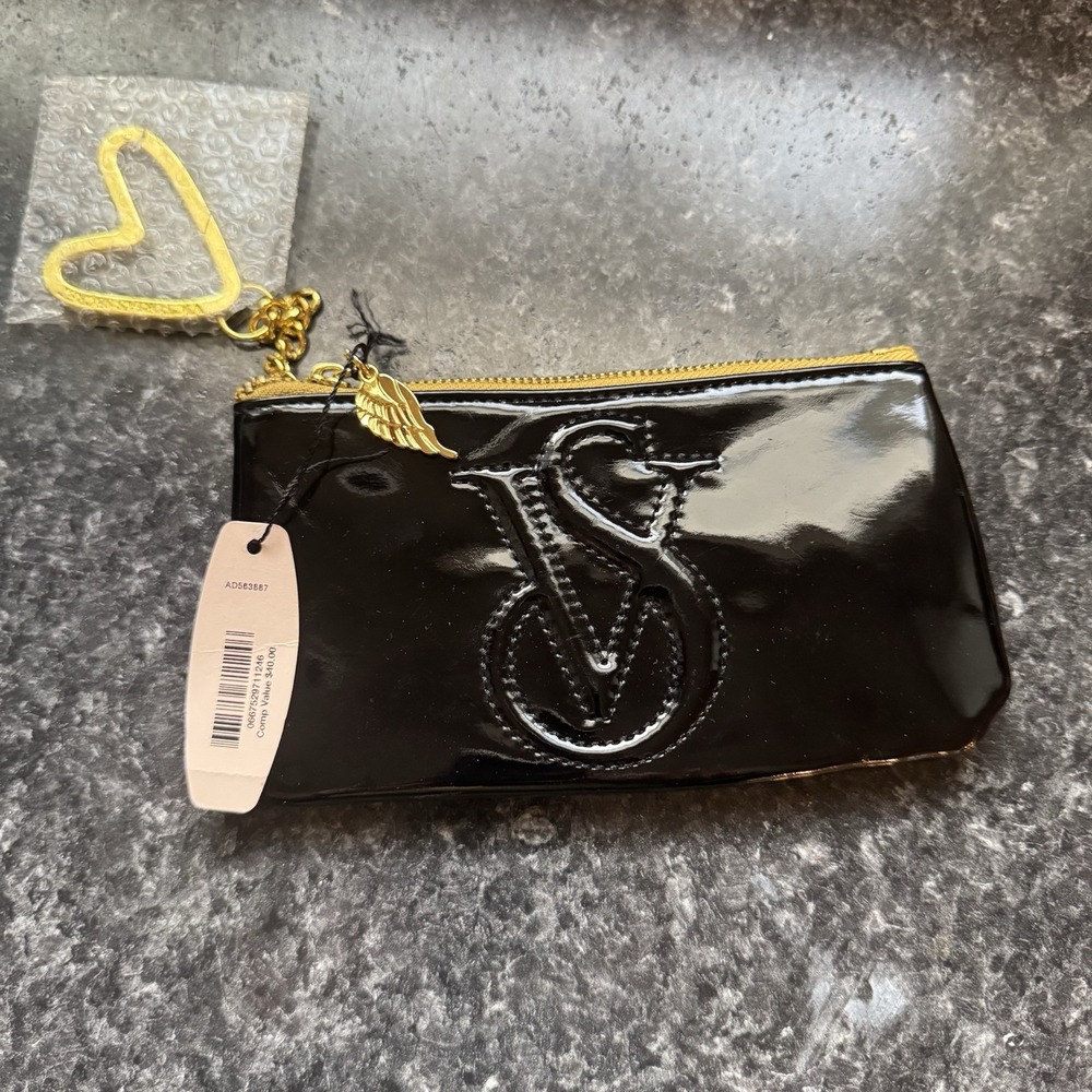 NWT Victorias Secret Black Mini Makeup Purse With Heart Keychain And Wing Charm